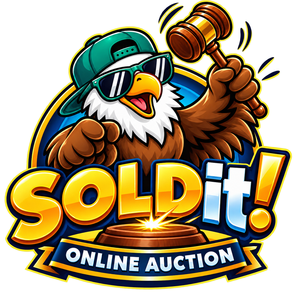 SOLDit! Online Auction eagle mascot holding an auction gavel
